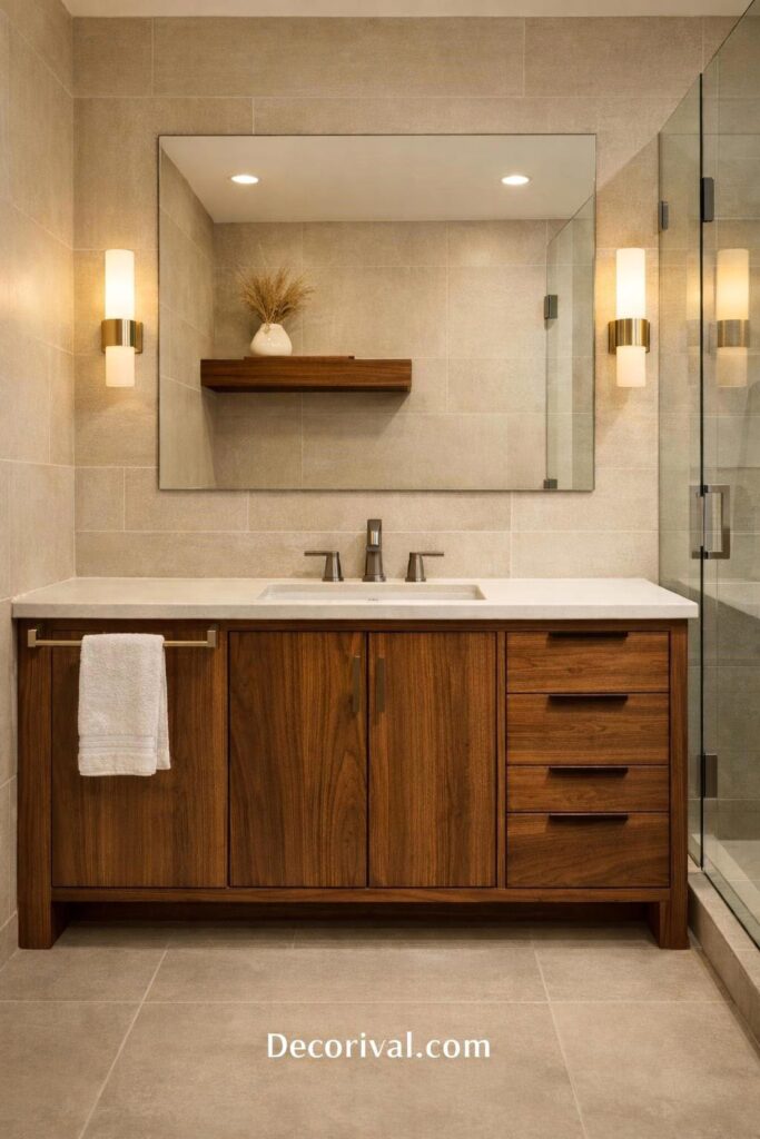 Bathroom with warm wood vanity