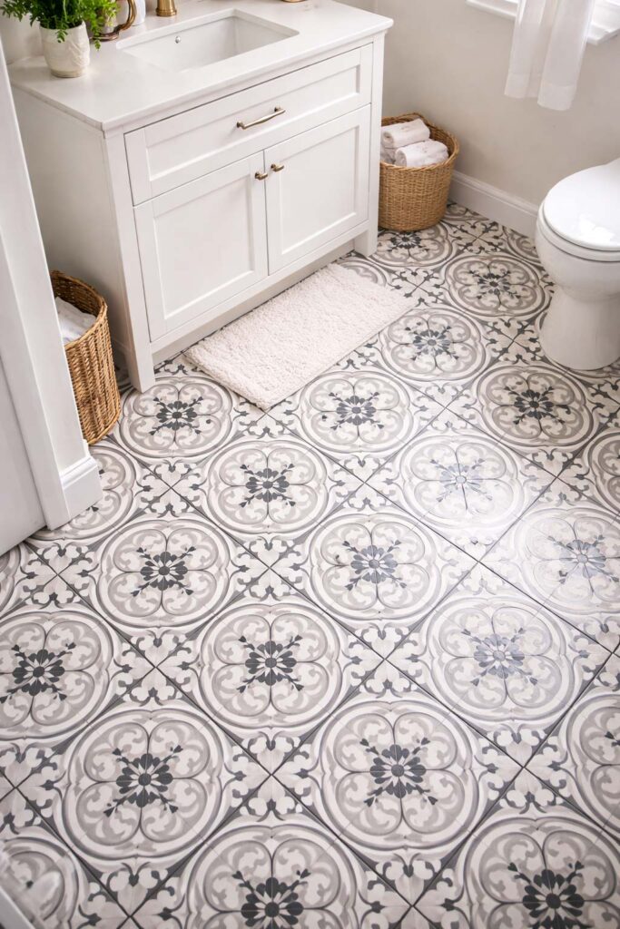 Budget Bathroom Floor Makeover with peel and stick Patterned Tiles