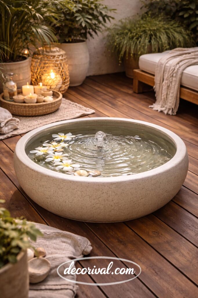 Compact Outdoor Spa with Ceramic Water Bowl