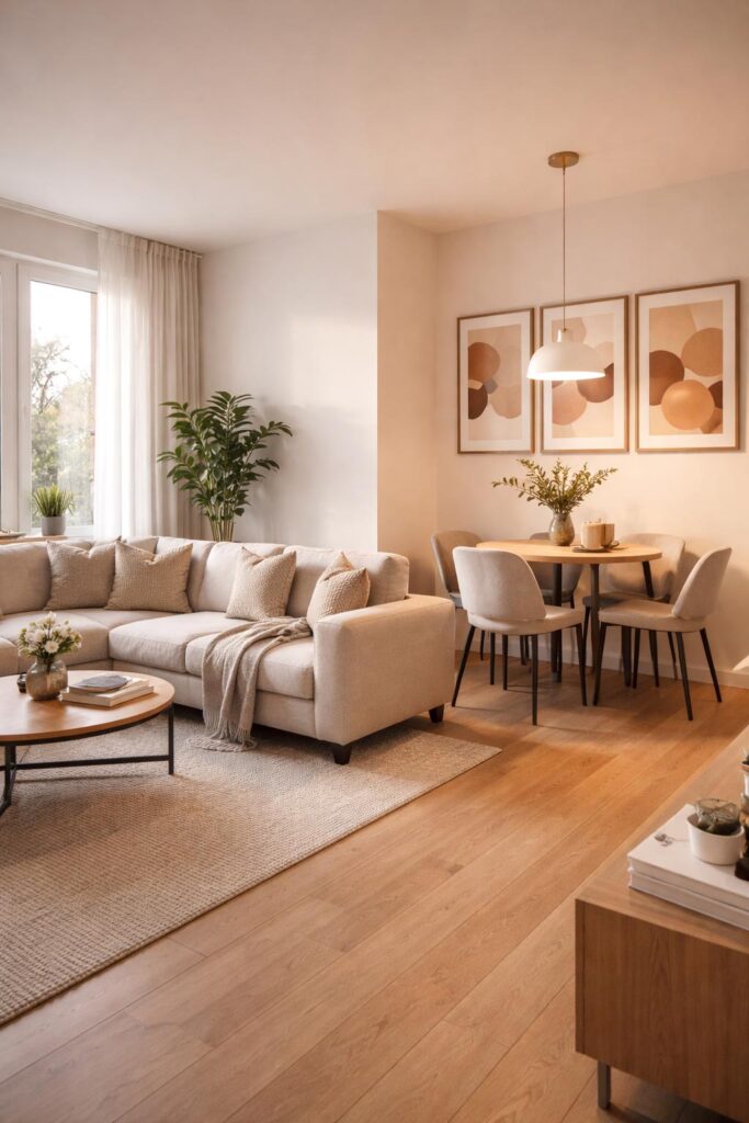 Small Apartment with L-Shaped Sofa and Corner Dining
