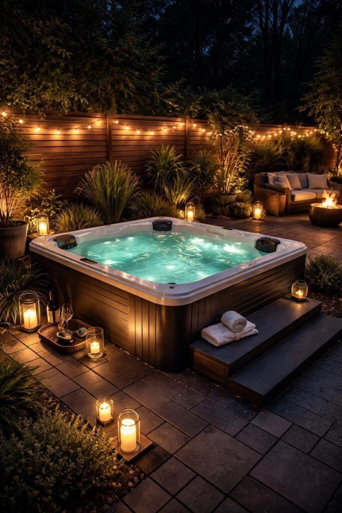 Cozy Backyard Jacuzzi with Warm LED Lighting