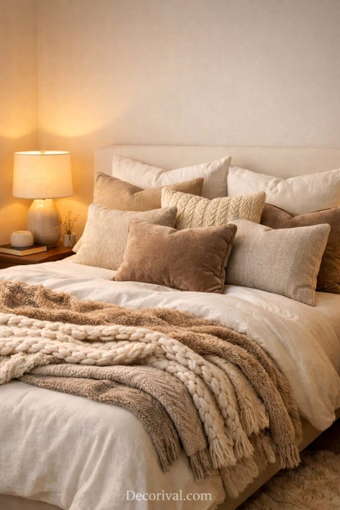 Cozy Bedroom with Throw Pillows and Blankets