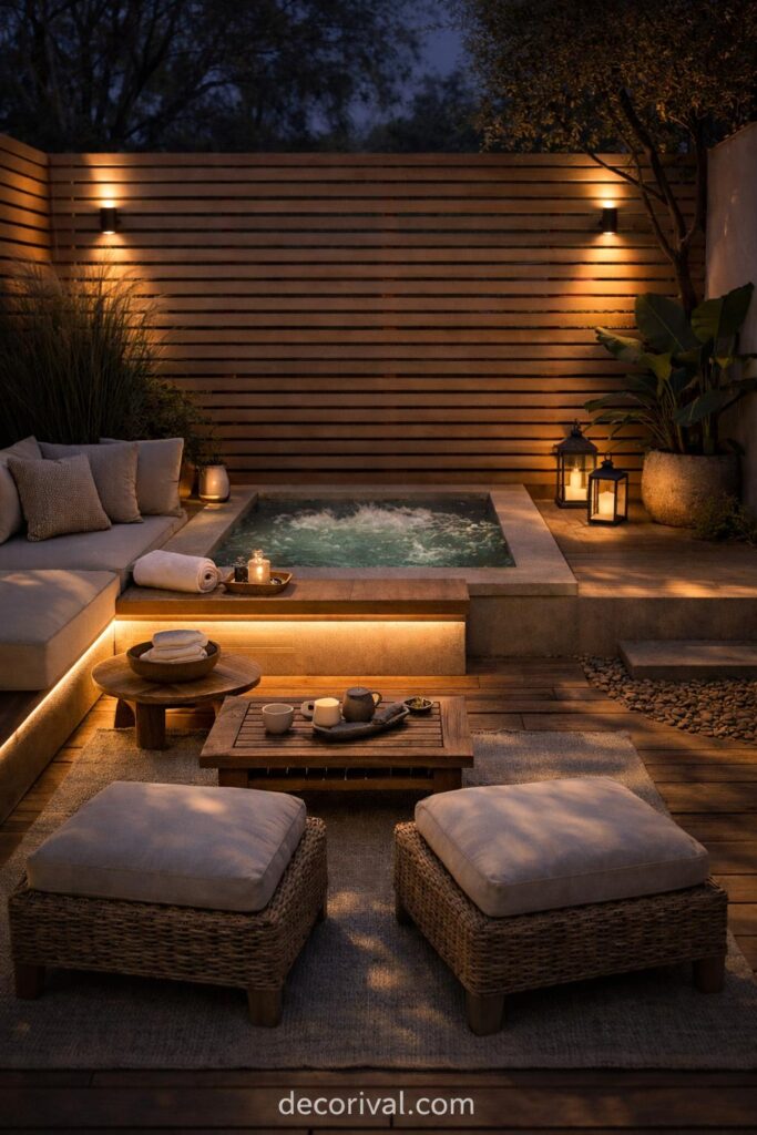 Evening Patio Spa with Warm Ambient Lighting