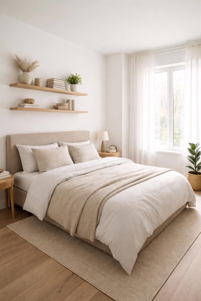 Minimal Small Bedroom Layout with Floating Shelves
