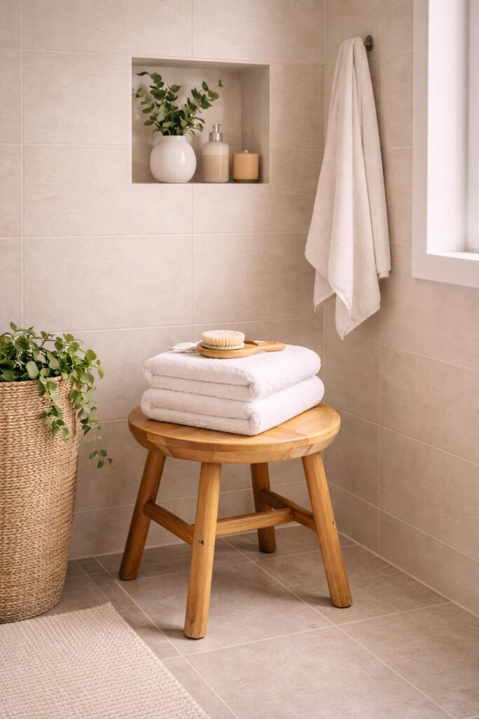 Minimal Spa Bathroom Corner with Wooden Stool