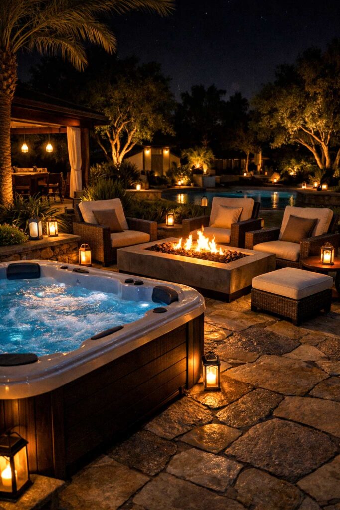 Outdoor Jacuzzi with Modern Fire Pit Seating