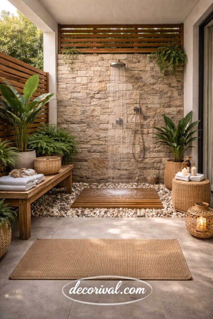 Outdoor Shower Spa with Stone Wall