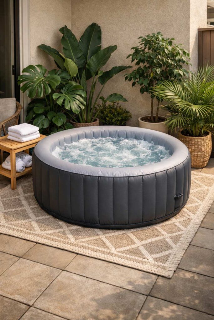 Portable Inflatable Jacuzzi on Outdoor Rug