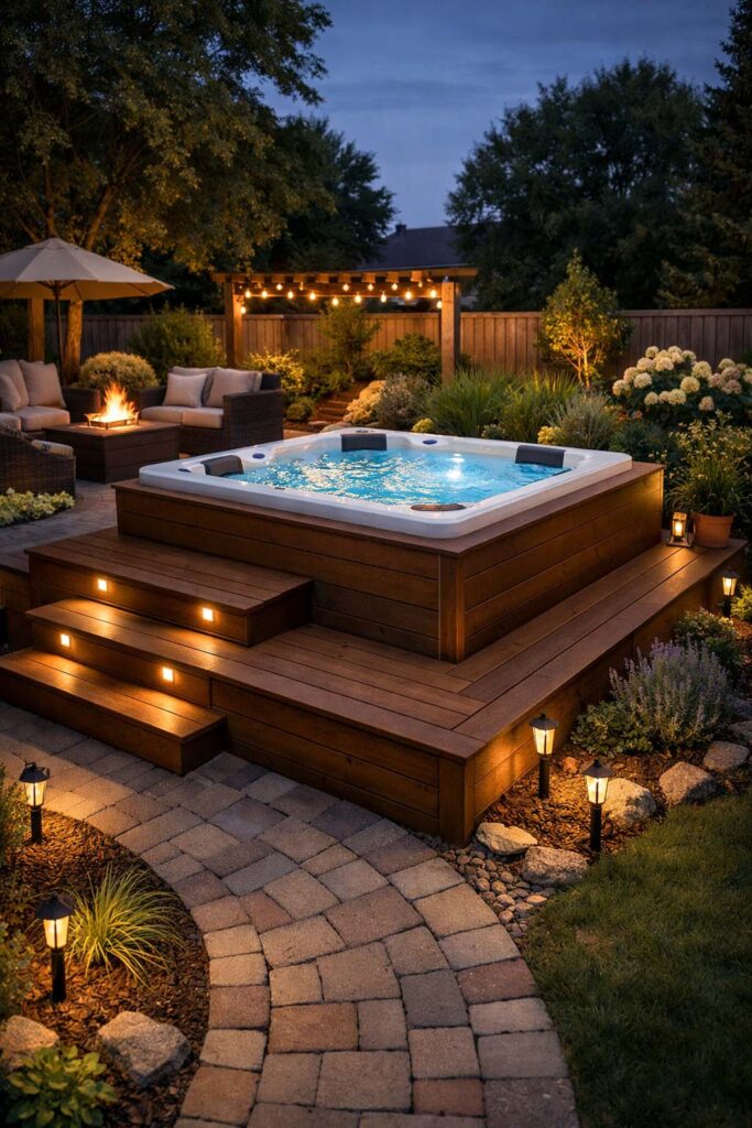 Raised wooden platform compact jacuzzi