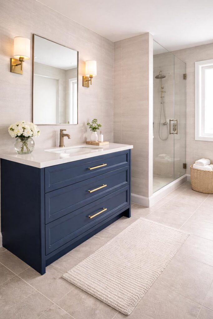 Small Navy Blue Bathroom with Clean Modern Design