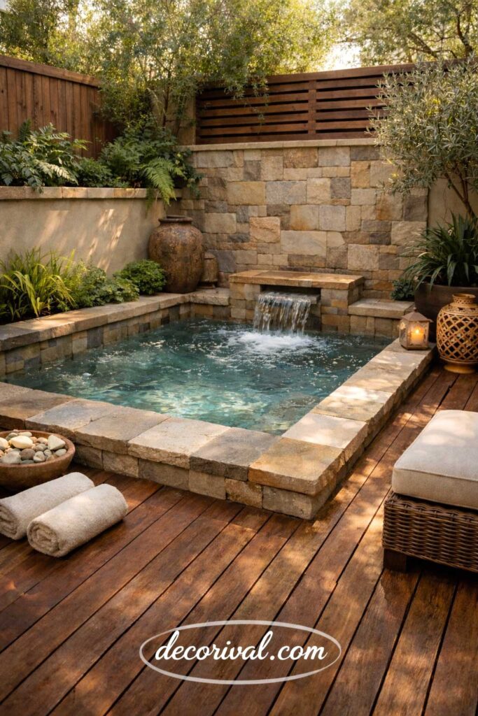 Small Patio Spa with Wood and Stone