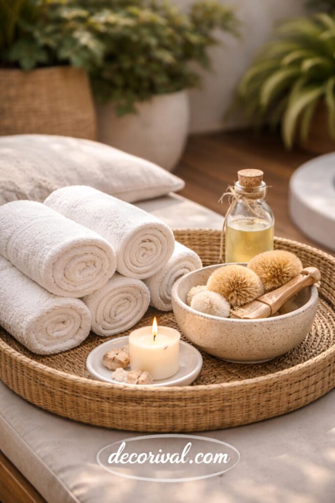 Small outdoor spa tray with rolled towels