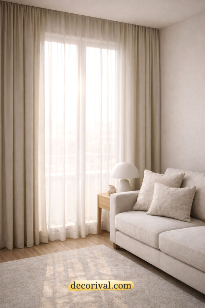 Living room window with floor-length neutral linen curtains