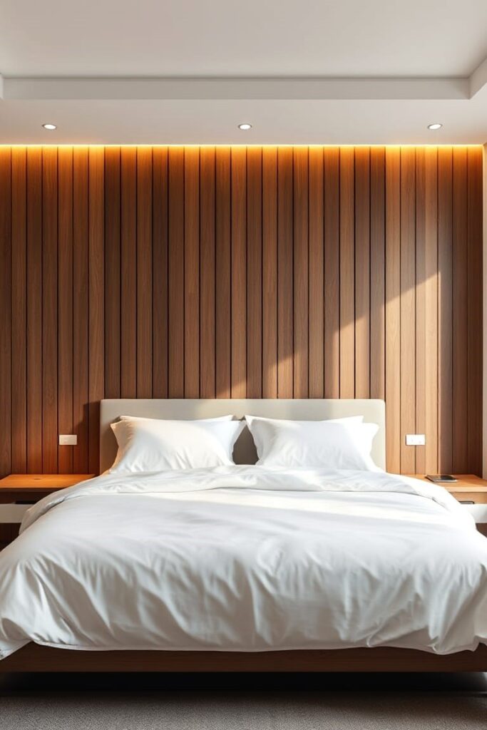 Warm Wood Slat Bedroom Interior