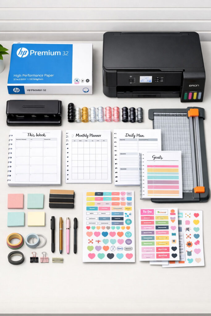 flat lay of printable planner supplies neatly organized