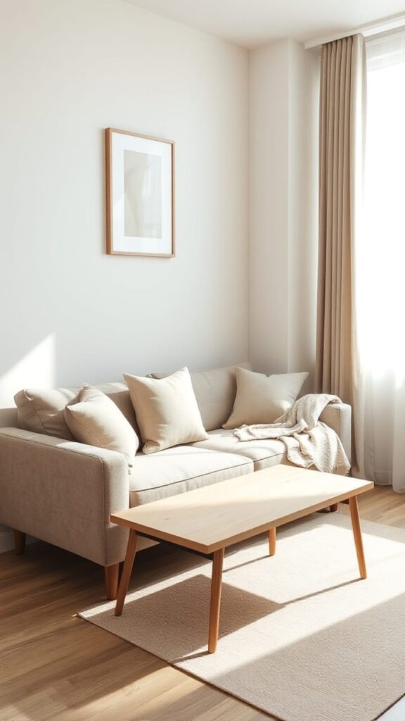 living room sofa with layered throw pillows