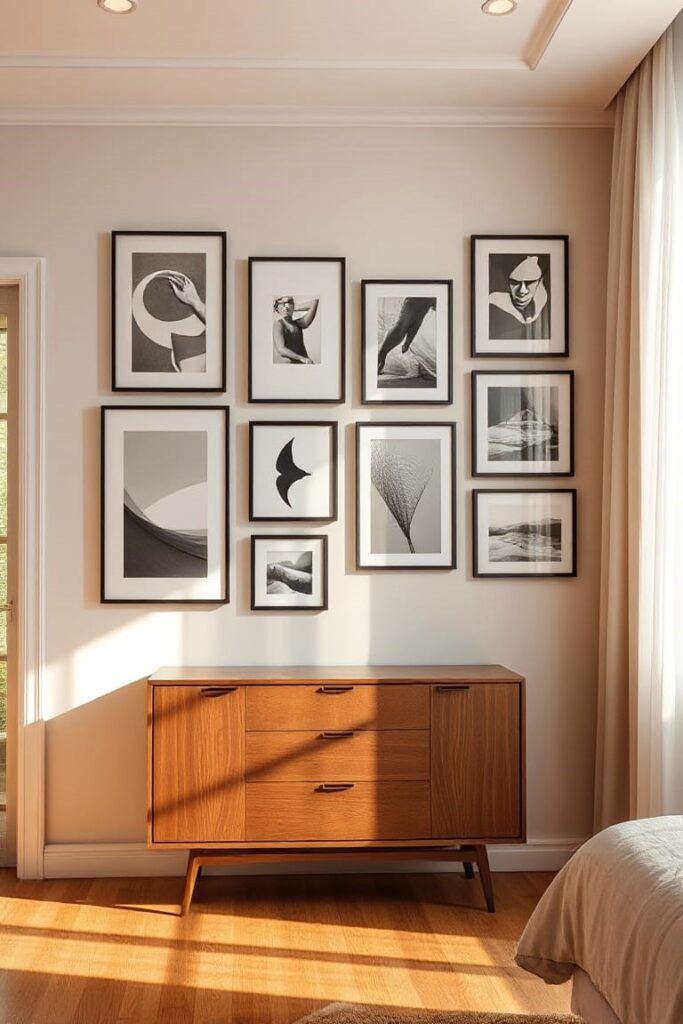 modern bedroom wall with a gallery of framed abstract art and black-and-white photography