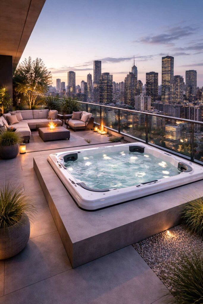 Outdoor jacuzzi beside glass railing