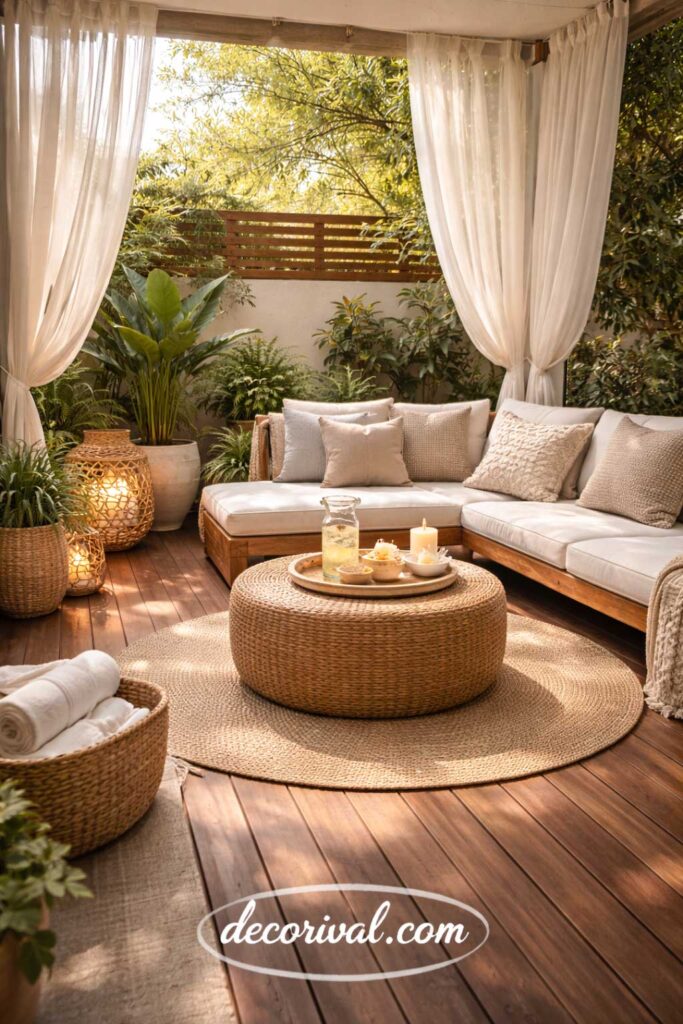 small patio with soft white outdoor curtains