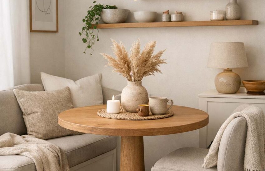Cozy small apartment dining nook with round wooden table, neutral Scandinavian decor, and soft pendant lighting.