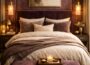 Luxury warm plum bedroom with velvet headboard, neutral bedding, and golden ambient lighting in elegant hotel style.