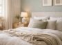 Modern cozy sage green bedroom with neutral bedding, soft textures, and warm minimalist decor creating a calm relaxing space.
