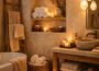 Warm beige luxury hotel style bathroom with soft lighting, modern vanity, plush towels, and elegant neutral decor creating a calm spa-like atmosphere.