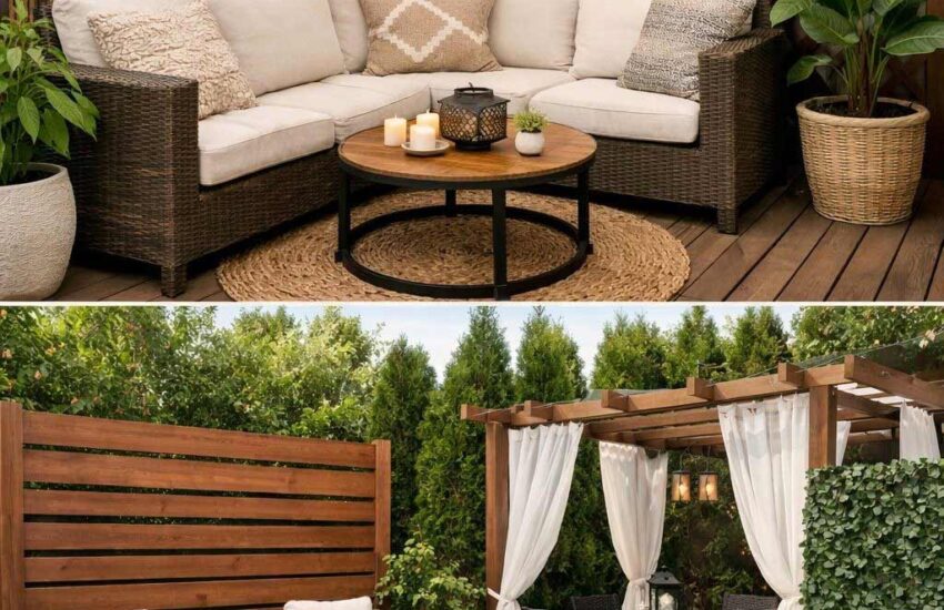 Budget-friendly outdoor privacy setup with balcony screens, cozy backyard seating, plants, and warm natural styling.
