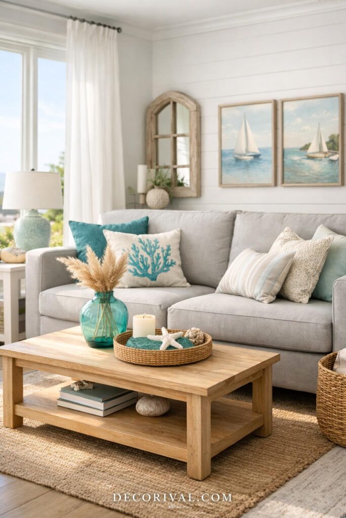 Coastal Grey and Turquoise Living Room Styling