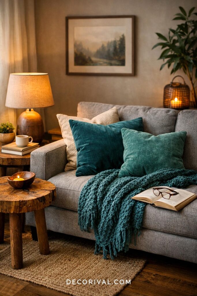 Cozy Grey and Teal Textured Living Room Styling