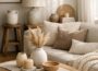 Modern neutral living room with DIY decor styling, layered textiles, matte accessories and soft natural sunlight creating an expensive editorial look.