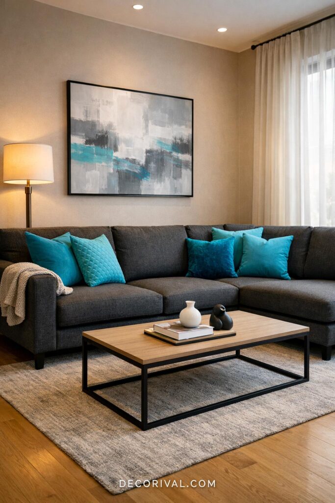 Dark Grey Sofa With Turquoise Throw Pillows
