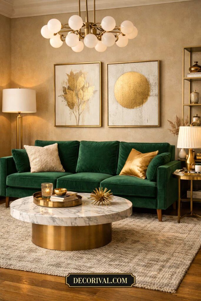 Emerald and Warm Neutral Living Room