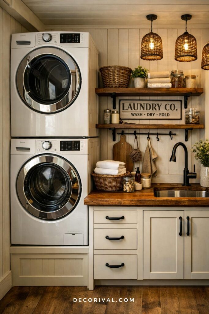 Farmhouse Style Stacked Laundry Room