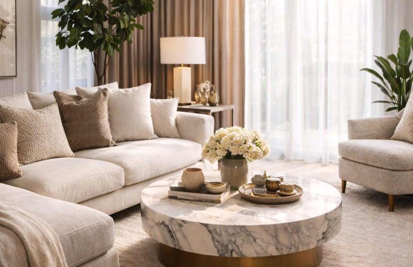 Modern luxury living room with neutral sofa, marble table, layered pillows, warm lighting and soft curtains.