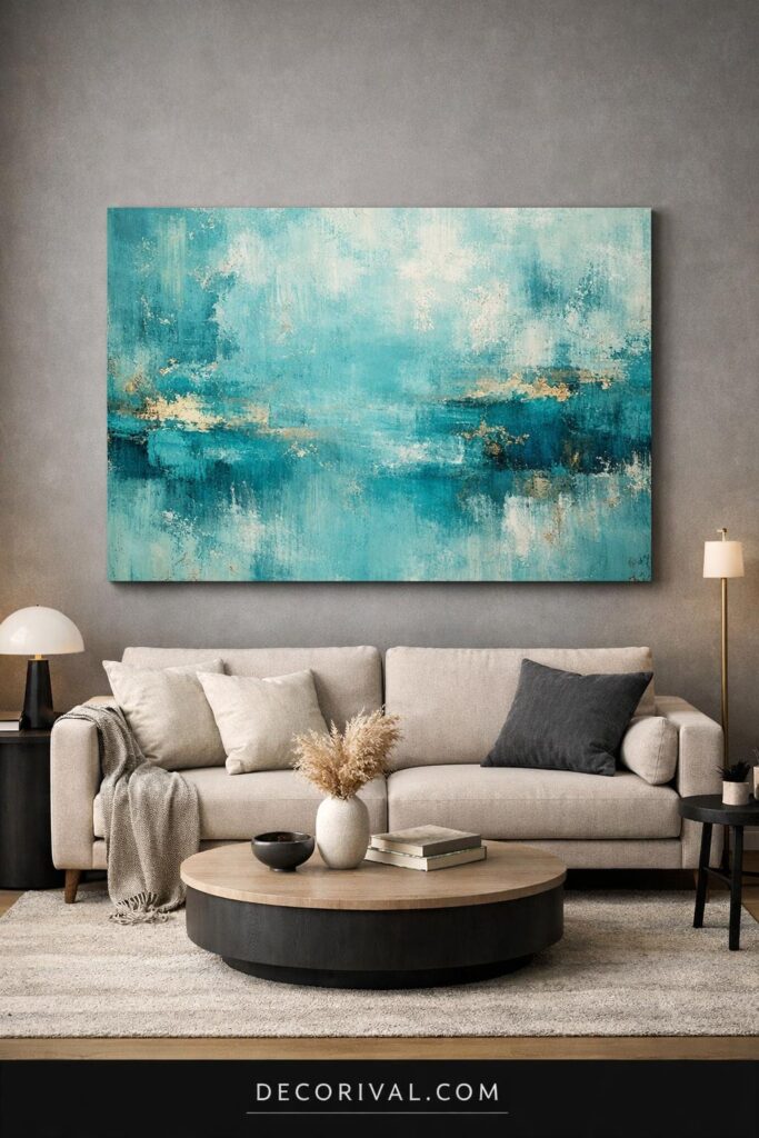 Grey Living Room With Turquoise Abstract Artwork