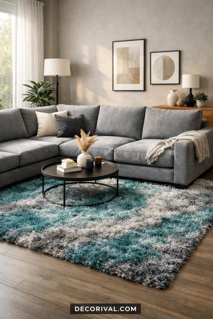 Grey Sectional With Turquoise Shag Rug