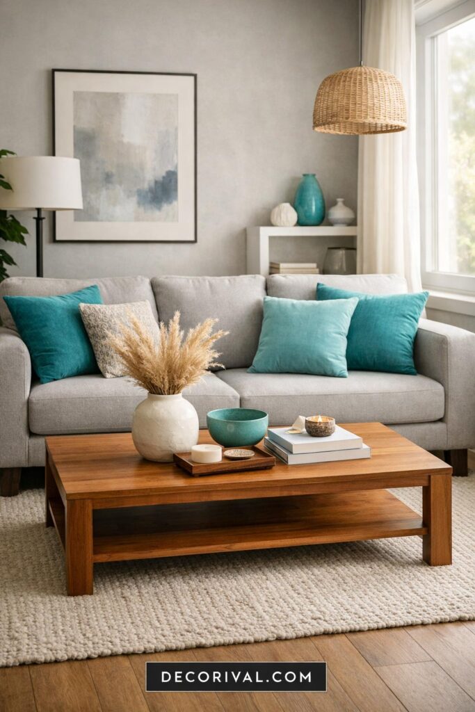 Grey Sofa With Turquoise Accent Styling