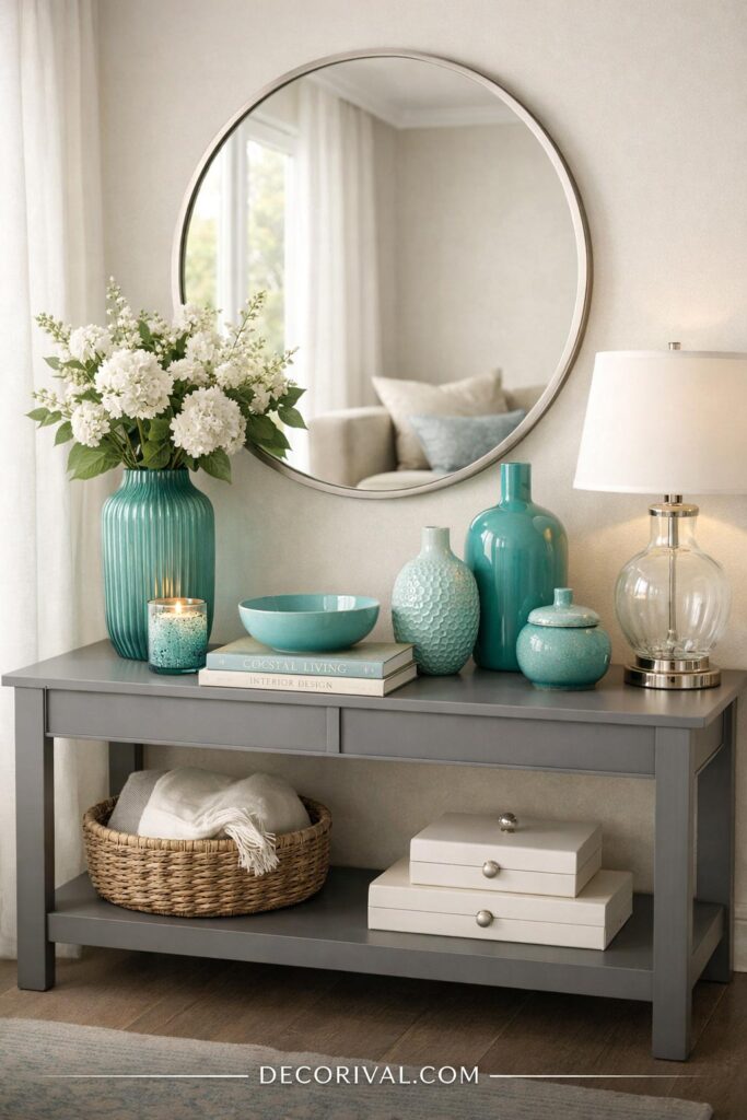 Grey and Aqua Living Room Accessories Styling