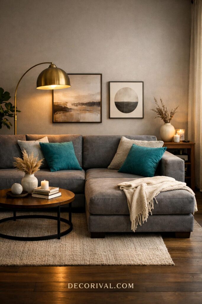 Grey and Turquoise Living Room With Brass Lighting