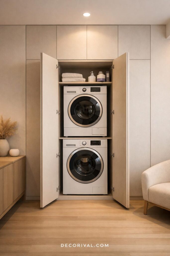 Hidden Stacked Laundry Closet Cabinet Design