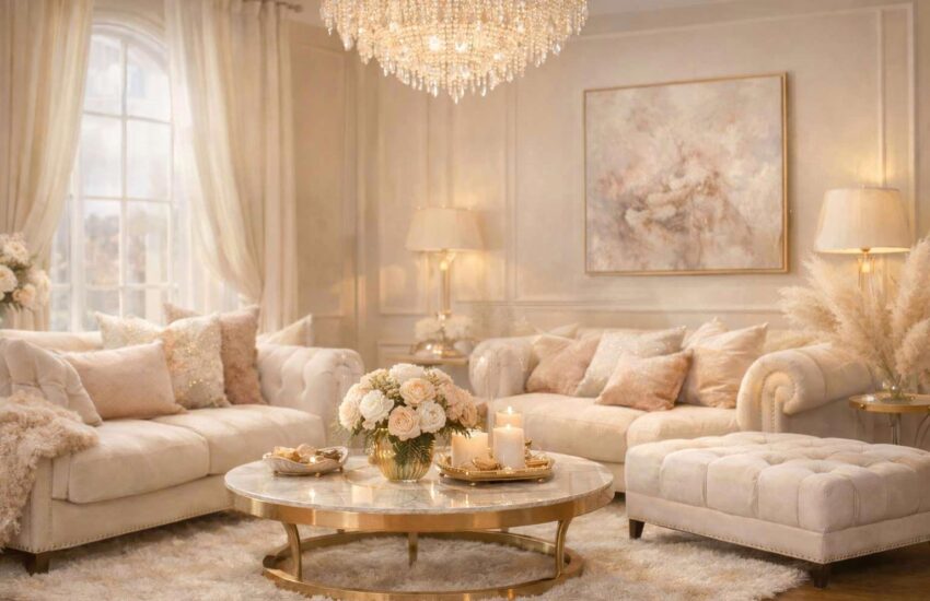 Soft luxury living room with cream sofas, marble coffee table, chandelier, and warm neutral decor