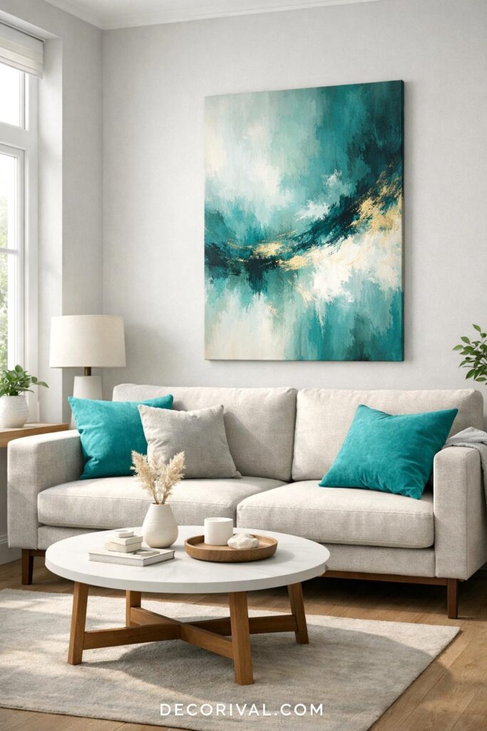 Light Grey Living Room With Turquoise Decor