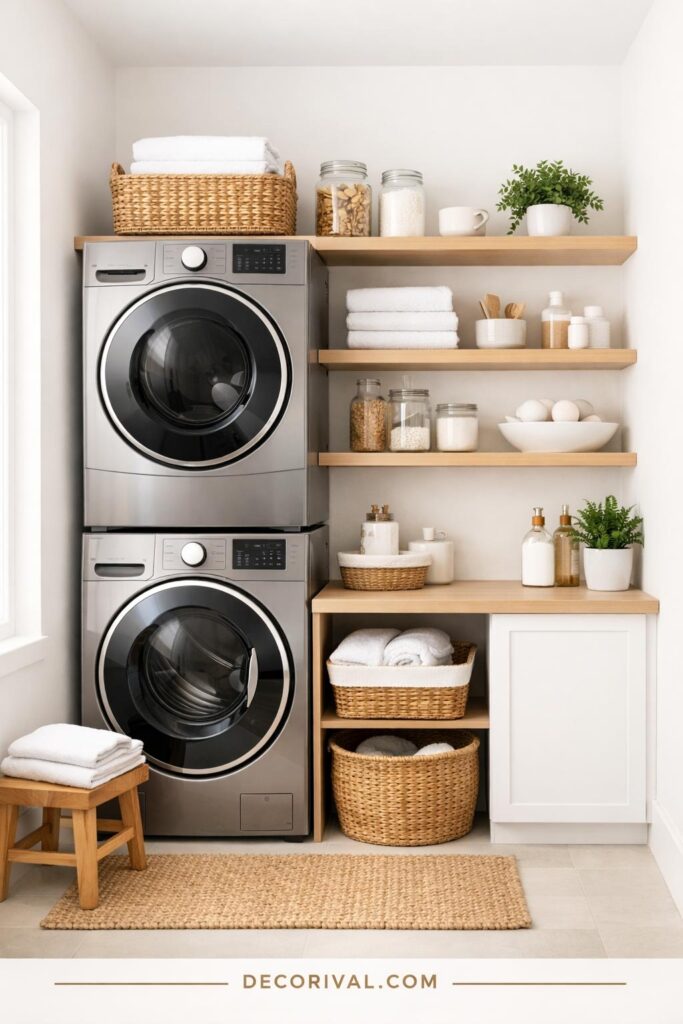 Light Neutral Stacked Laundry Room Inspiration
