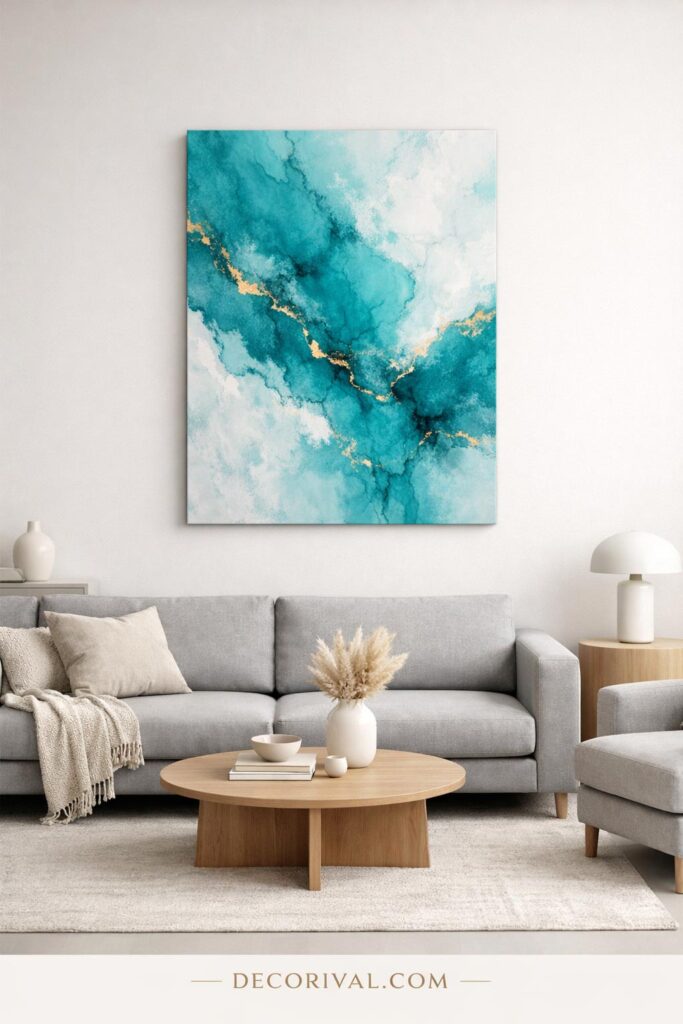 Minimal Grey Living Room With Turquoise Artwork