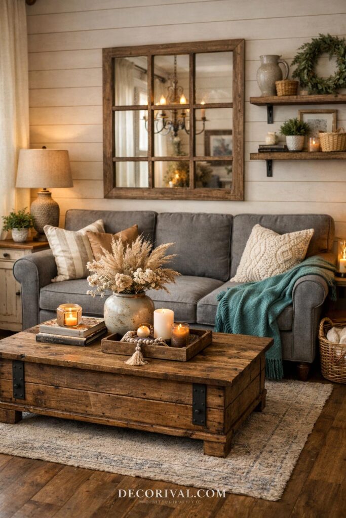 Modern Farmhouse Grey and Turquoise Living Room