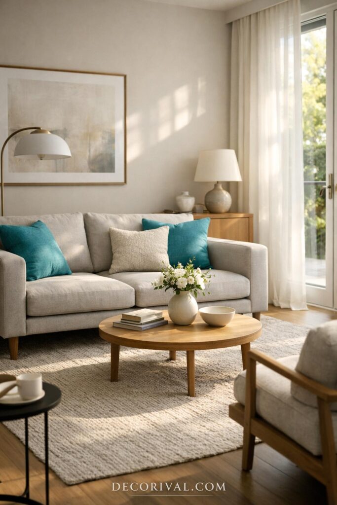 Modern Grey and Turquoise Living Room Overview