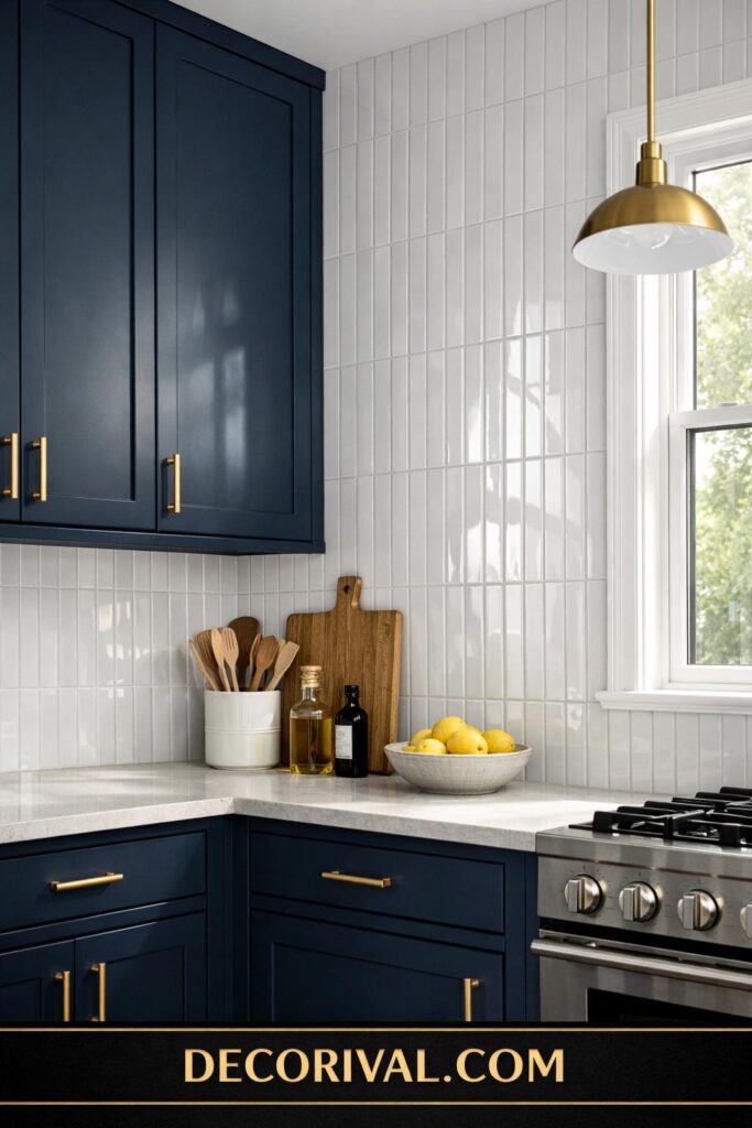 Modern Navy Kitchen With Glossy White Tile Backsplash