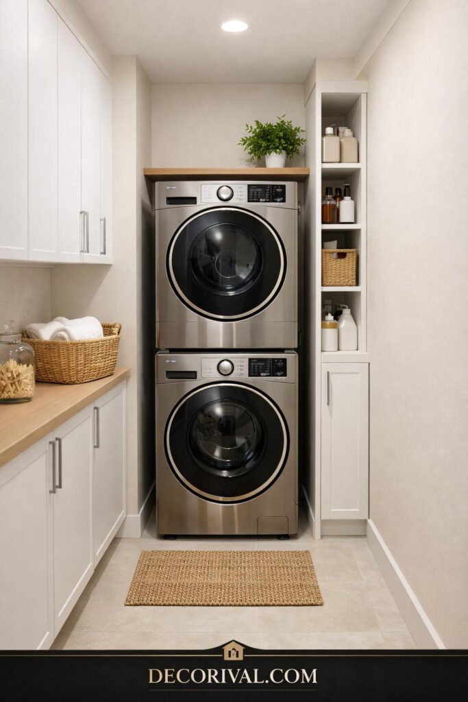 Narrow Stacked Laundry Room With Light Flooring
