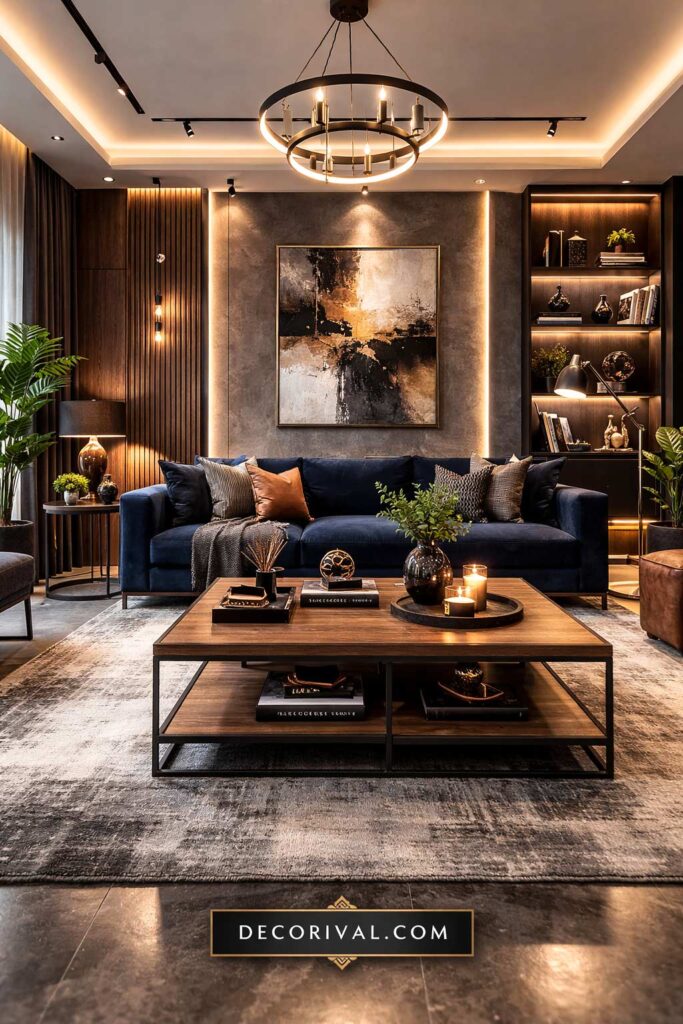 Navy Black and Wood Living Room